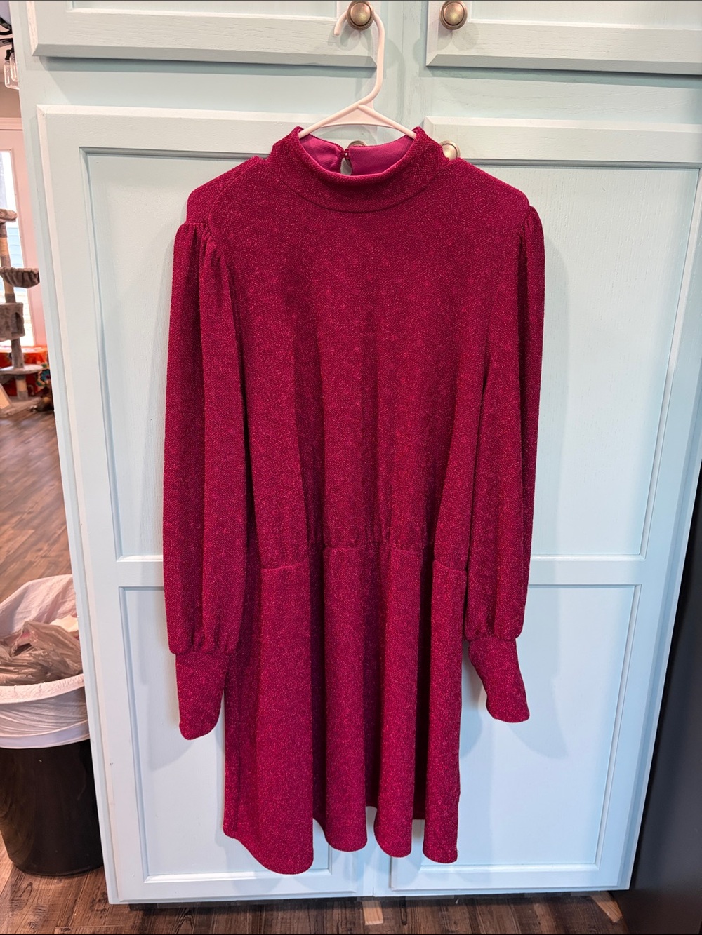 Mock-Neck Glitter Midi Dress in Raspberry